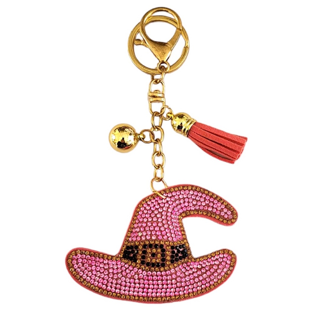 Halloween Wicked Pink Witch Hat Rhinestone Bag Charm Keyring